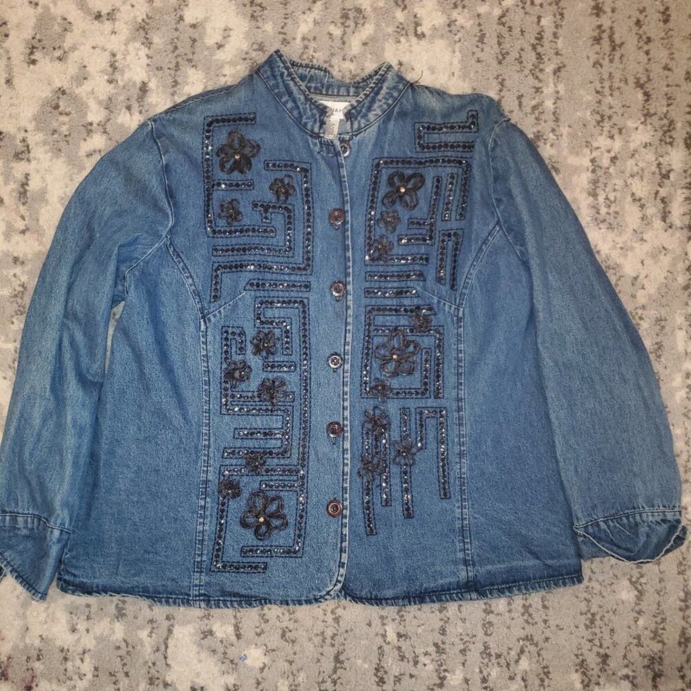 HANNAH Women Medium Denim Cotton Embellished Sparkle Button Front Shirt Jacket